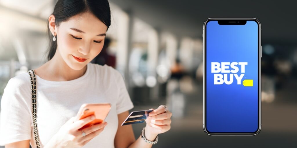 Woman holding a credit card and her phone next to an image of a phone that says "Best Buy"