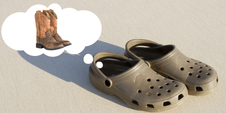 Image of a pair of Crocs with a thought bubble that has cowboy boots inside