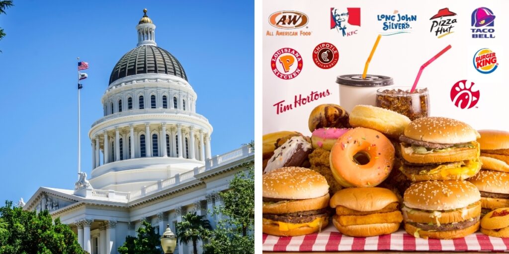 Government building on the left, fast-food with fast-food company names on the right