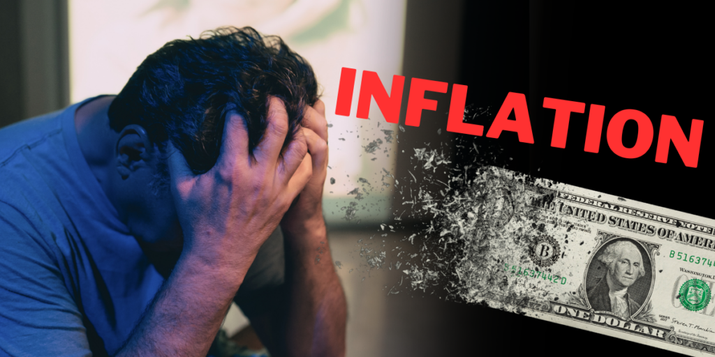 Person with head in their hands next to a dissolving dollar bill and the word "inflation"