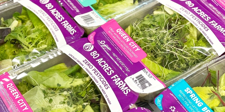 Close-up of bags of lettuce from 80 Acres Farms