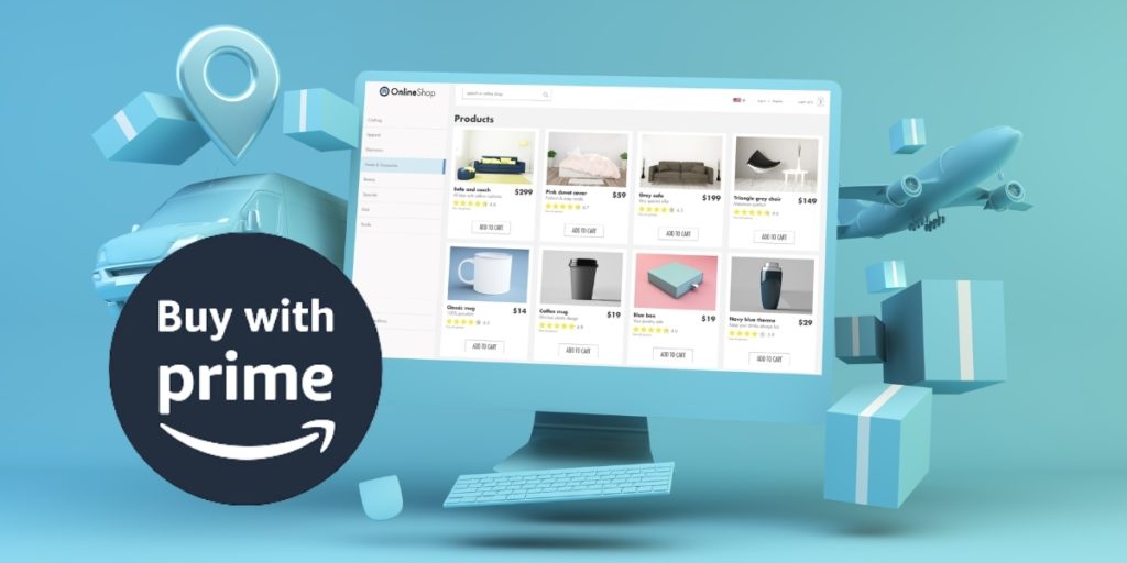 "Buy with Prime" logo next to a computer screen showing a shopping page