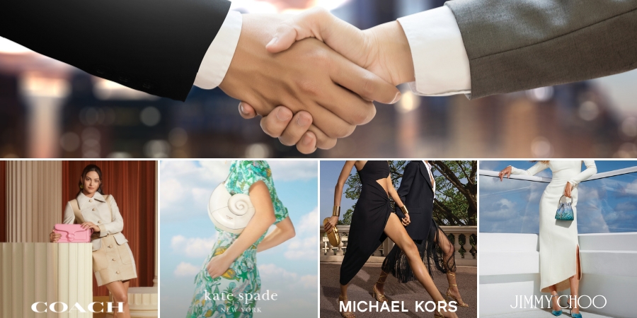 Image of shaking hands on top of four images of Tapestry and Capri brands